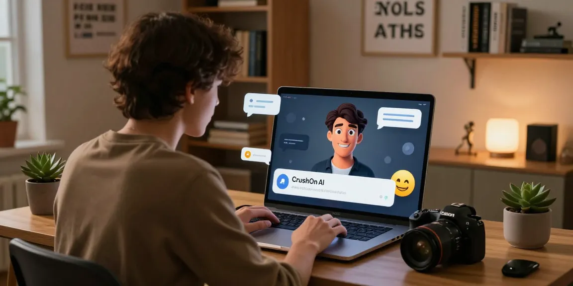 User engaging with CrushOn AI character on laptop in a cozy home office.
